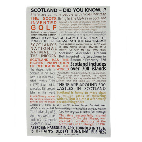 Scottish cotton tea towels in three designs: Scotland Did You Know? featuring Scottish facts, Auld Scots Words with meanings, and Scottish Delicacies with food descriptions.