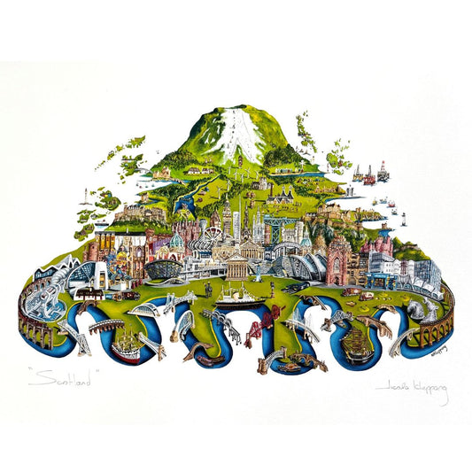 Signed A3 giclée Scotland print by local artist Nicola Kleppang featuring a collection of Scottish locations and landmarks.