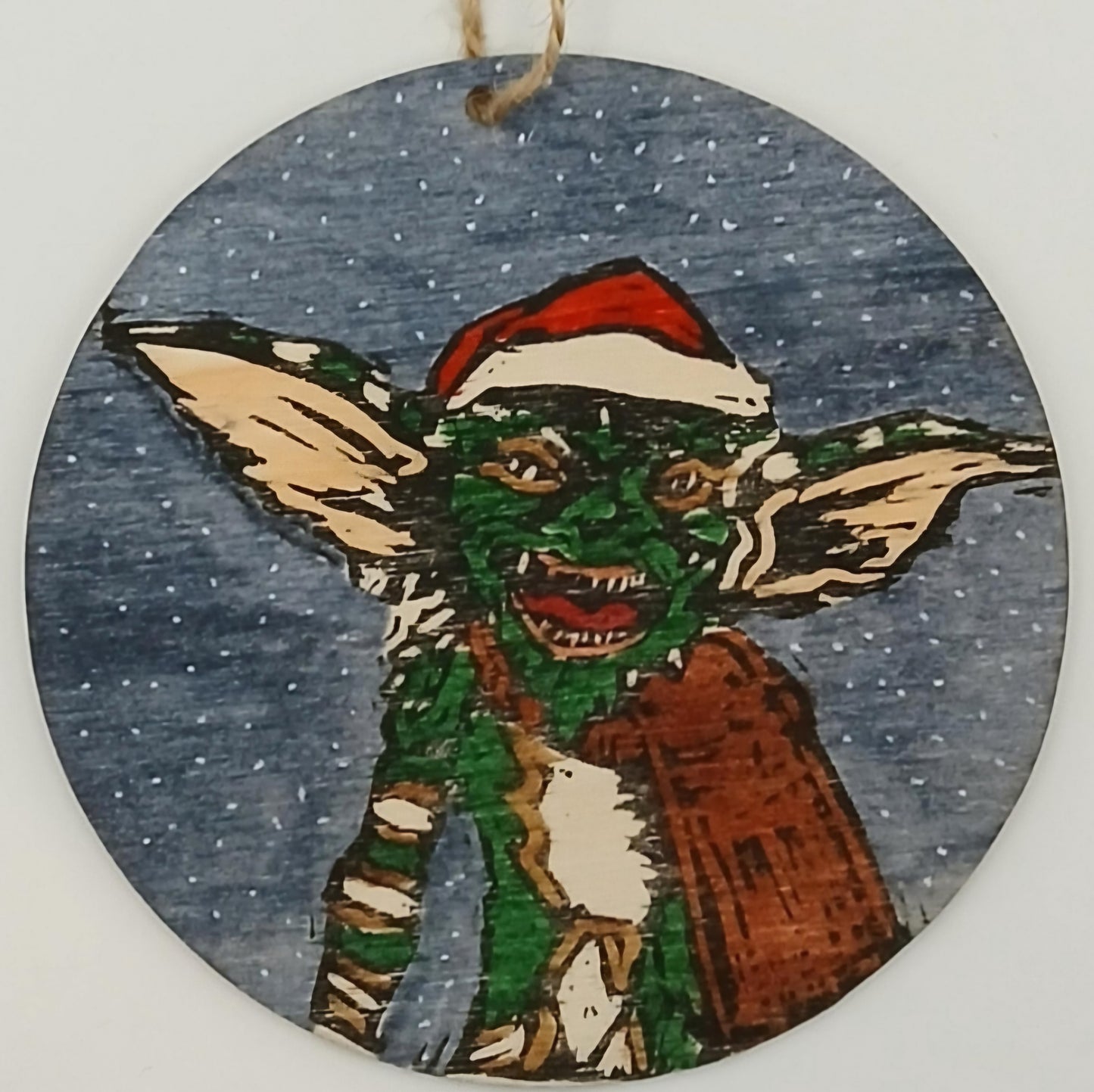 Large handprinted wooden Christmas tree decorations (10cm) featuring Stripe from popular Christmas movie The Gremlins