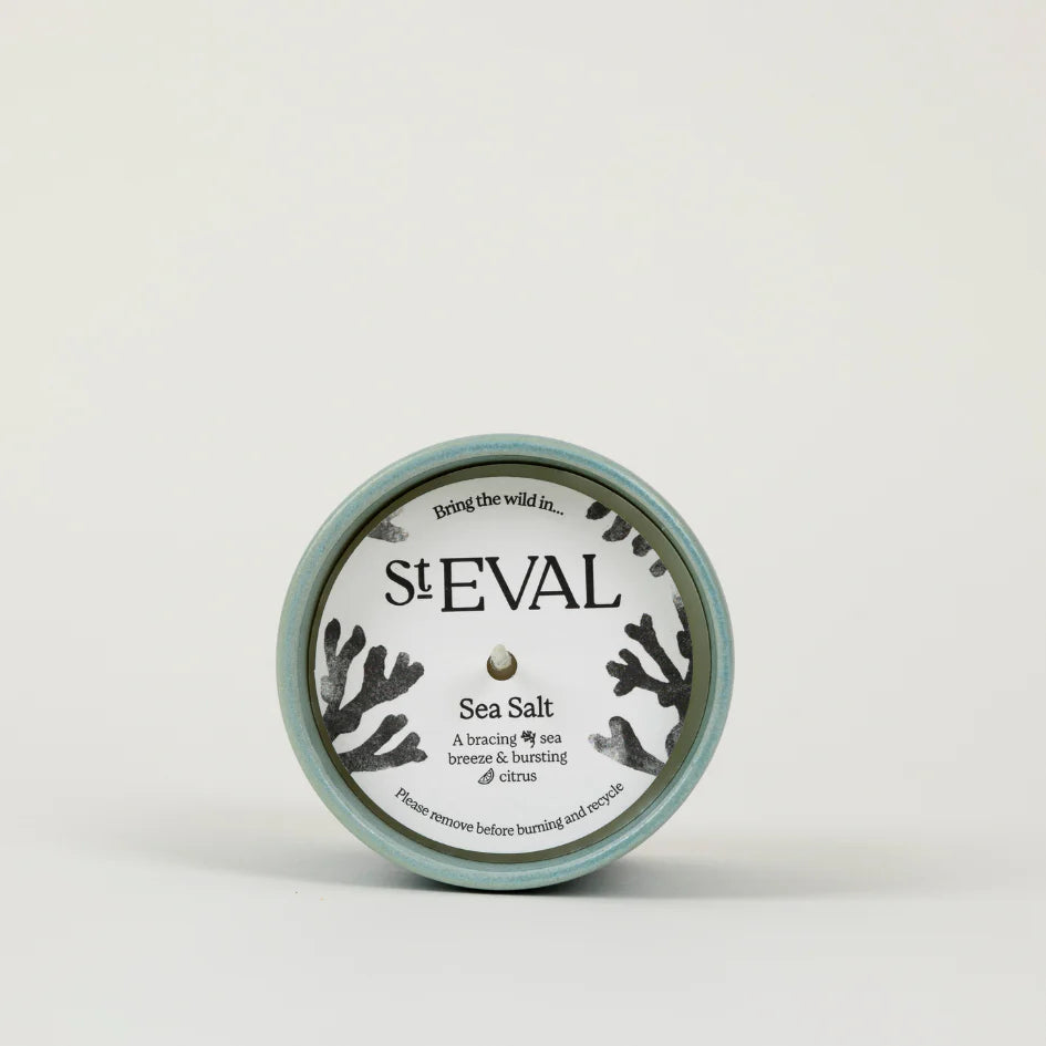 Blue St Eval Sea Salt ceramic candle on a white background