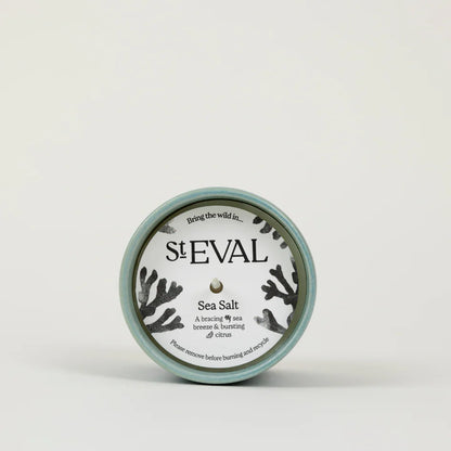 Blue St Eval Sea Salt ceramic candle on a white background