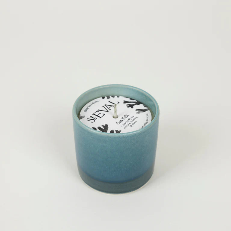 Blue St Eval Sea Salt ceramic candle on a white background