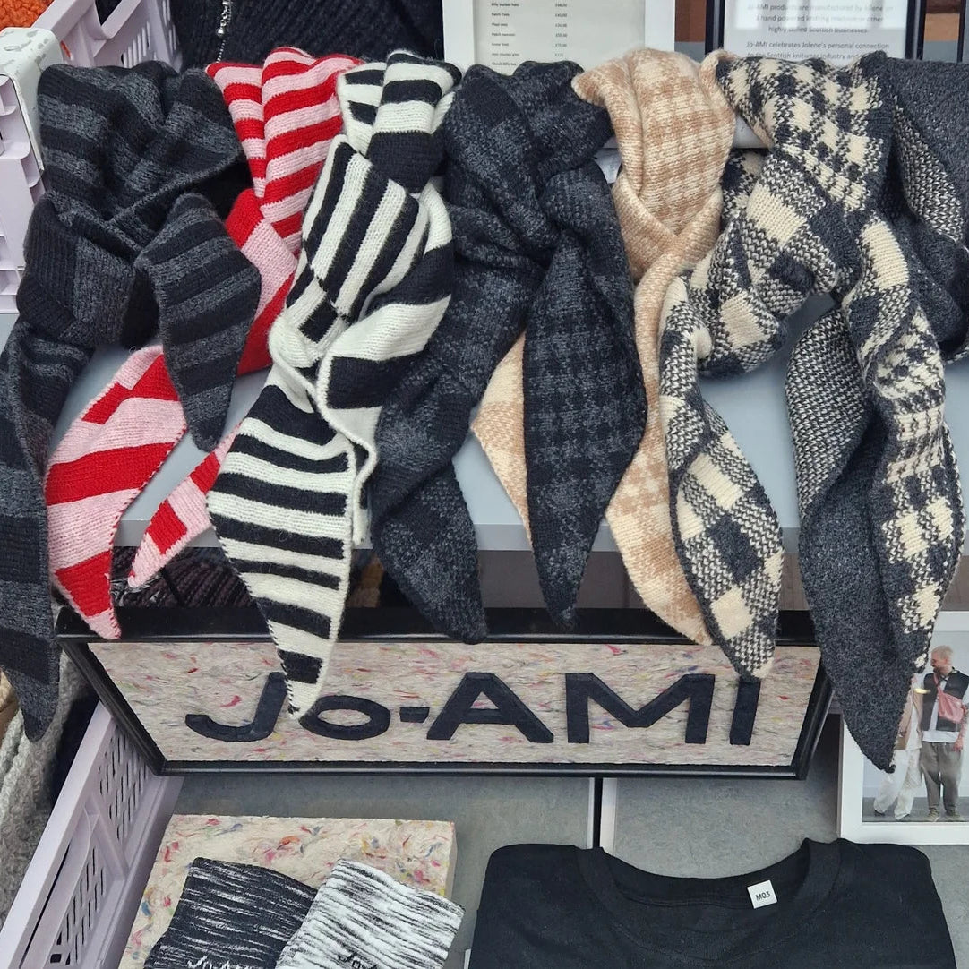 Jo-AMI lambswool neckerchief knitted in Dundee, available in Striped, Block, Leopard, Heart & Check