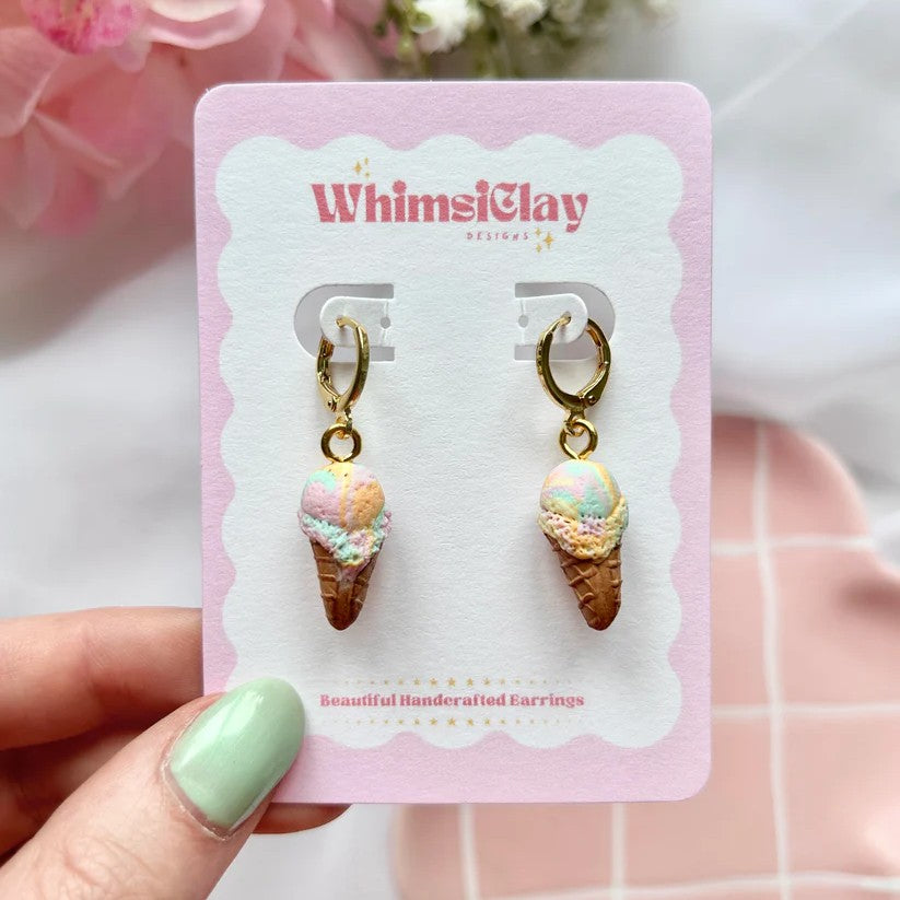 Playful polymer clay sherbet ice cream earrings with gold-plated hoops, lightweight and colourful for summer style or gifting