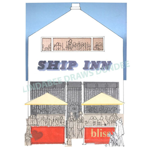 The Ship Inn art print by Lindabee Draws Dundee featuring the iconic Broughty Ferry waterfront landmark