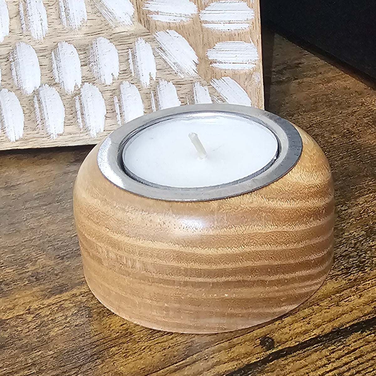 Wooden tealight holders with silver centre handmade in Carnoustie