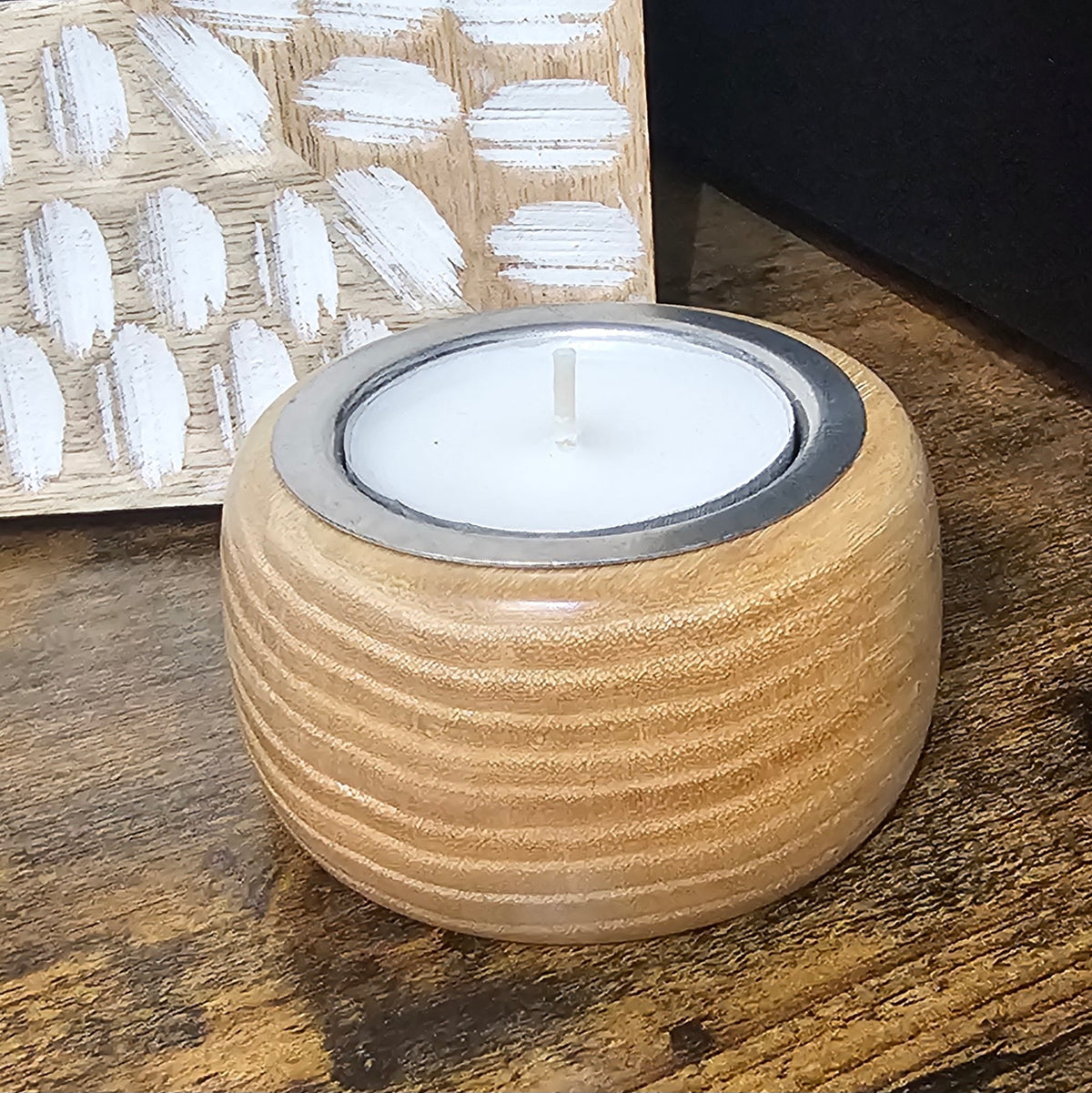 Wooden tealight holders with silver centre handmade in Carnoustie