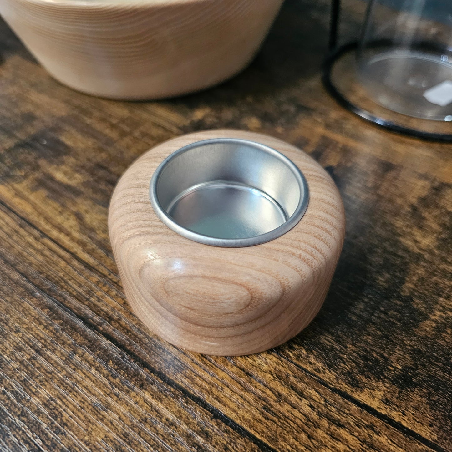 Wooden tealight holders with silver centres handmade in Carnoustie