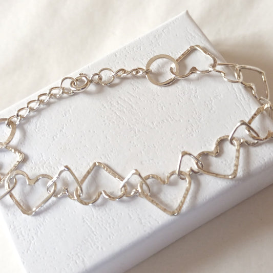 Sterling silver heart and circle bracelet by Diana King handmade in Perthshire