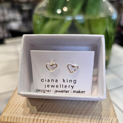 Diana King Jewellery sterling silver mini heart stud earrings with 6mm heart designs, sterling silver posts and butterfly backs, handmade in Perthshire.