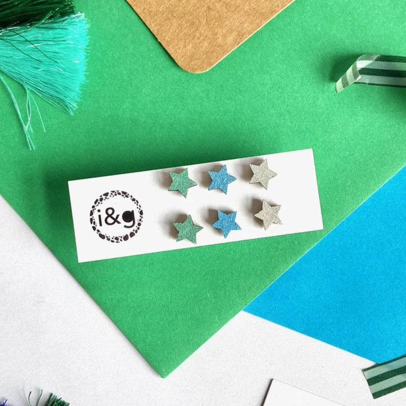 Silver + Blue Handpainted Wooden Star Stud Earrings Set of 3
