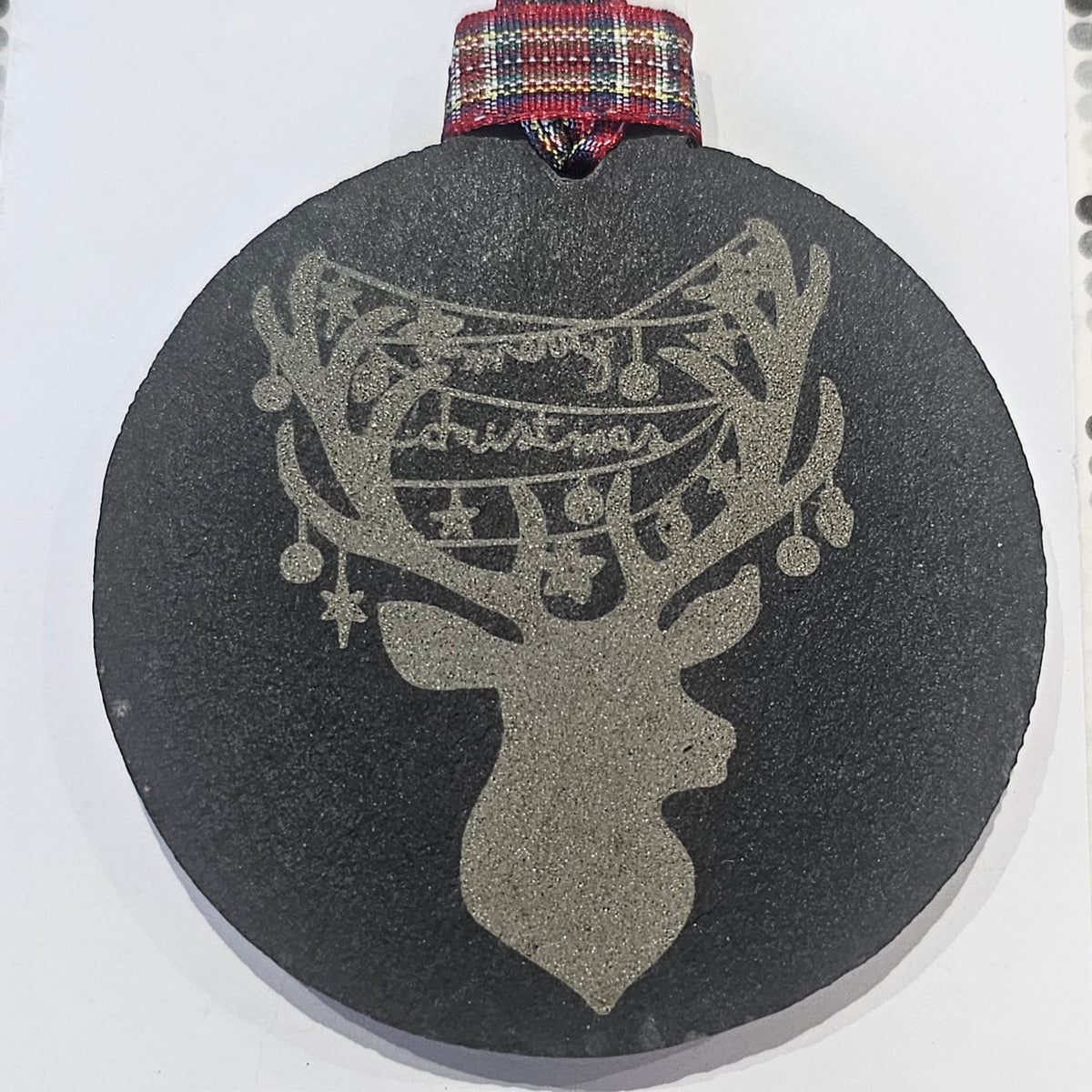 Ardroy Creations slate Christmas baubles in 7cm circle and star shapes, featuring Carnoustie Hotel, Antlers, Define Good, Granny, Nana, Blitzened, Tinsel, Merry, Joy and Merry & Bright designs.