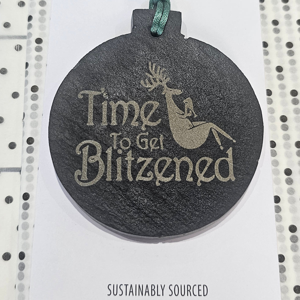 Ardroy Creations slate Christmas baubles in 7cm circle and star shapes, featuring Carnoustie Hotel, Antlers, Define Good, Granny, Nana, Blitzened, Tinsel, Merry, Joy and Merry & Bright designs.