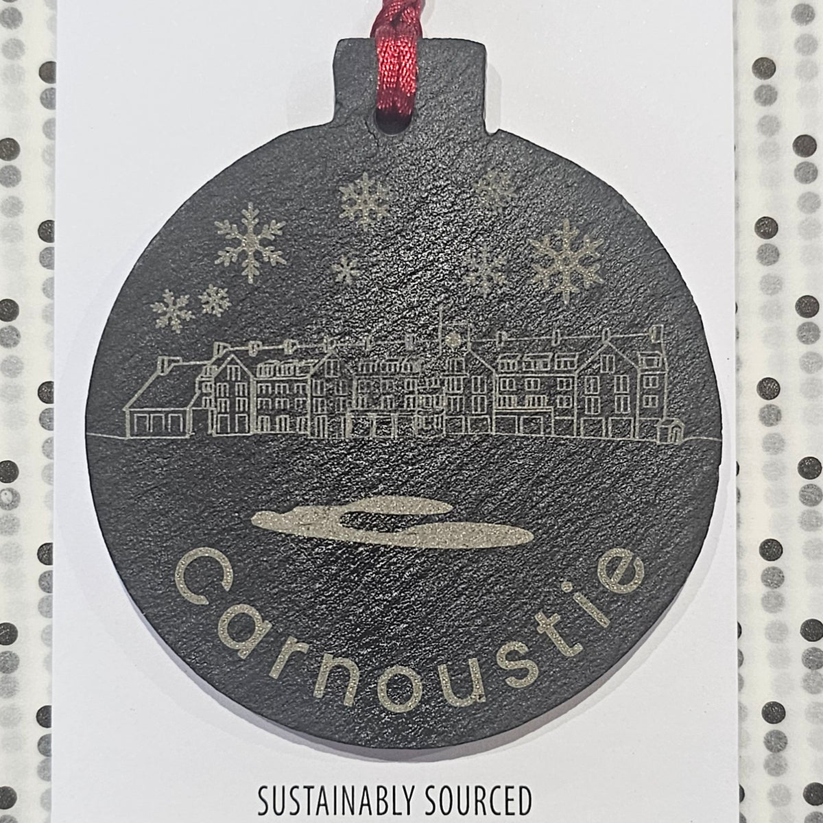 Ardroy Creations slate Christmas baubles in 7cm circle and star shapes, featuring Carnoustie Hotel, Antlers, Define Good, Granny, Nana, Blitzened, Tinsel, Merry, Joy and Merry & Bright designs.
