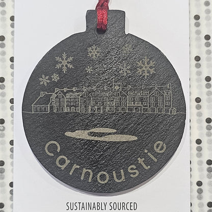 Ardroy Creations slate Christmas baubles in 7cm circle and star shapes, featuring Carnoustie Hotel, Antlers, Define Good, Granny, Nana, Blitzened, Tinsel, Merry, Joy and Merry & Bright designs.