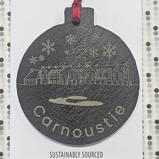 Ardroy Creations slate Christmas baubles in 7cm circle and star shapes, featuring Carnoustie Hotel, Antlers, Define Good, Granny, Nana, Blitzened, Tinsel, Merry, Joy and Merry & Bright designs.