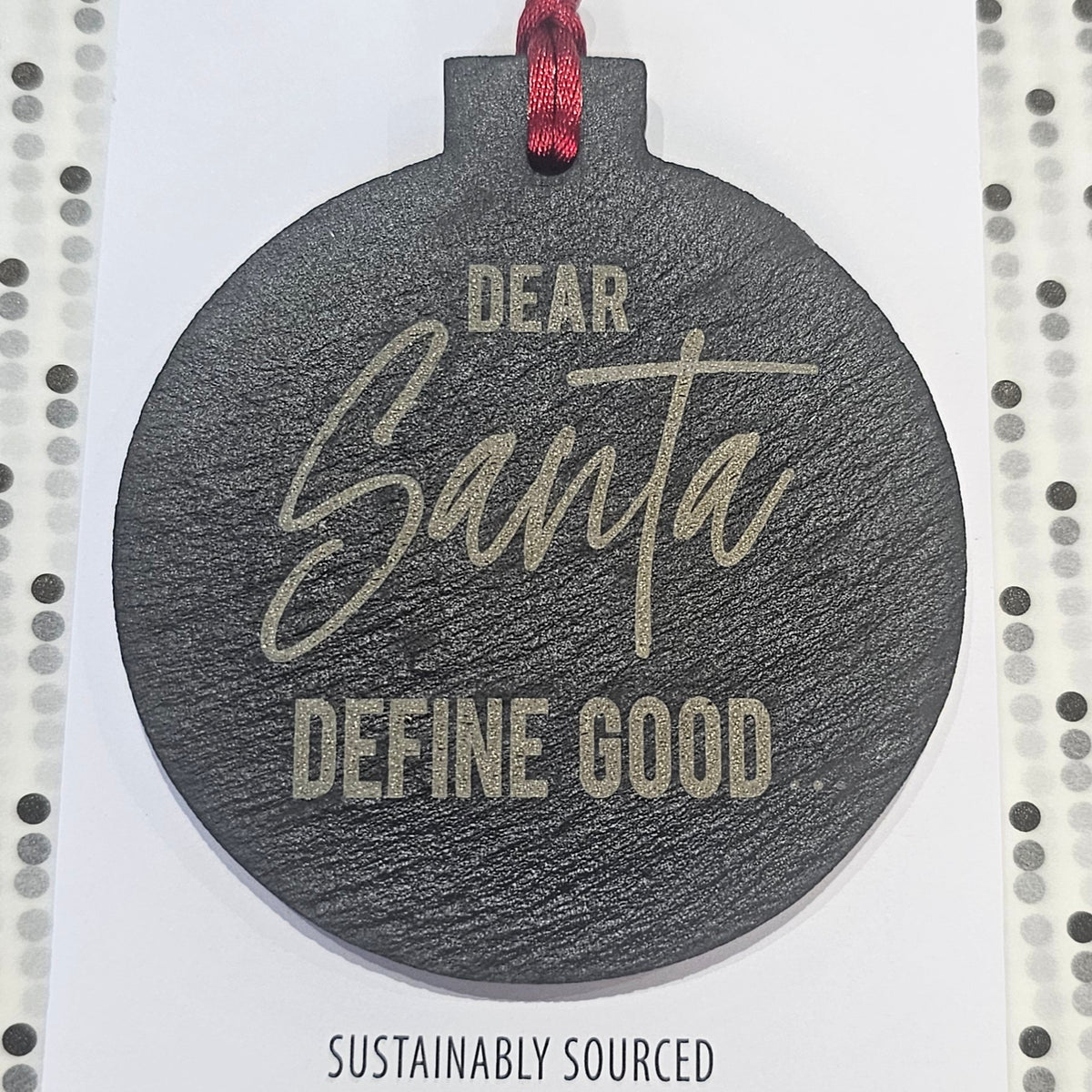 Ardroy Creations slate Christmas baubles in 7cm circle and star shapes, featuring Carnoustie Hotel, Antlers, Define Good, Granny, Nana, Blitzened, Tinsel, Merry, Joy and Merry & Bright designs.