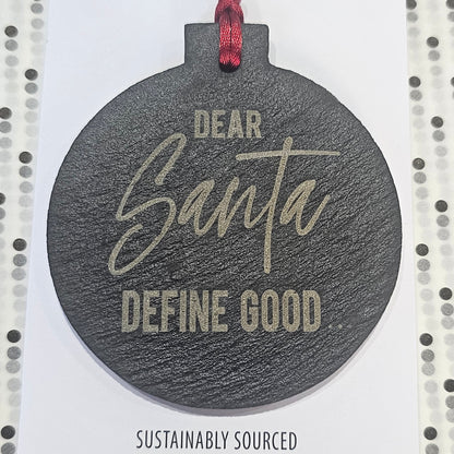 Ardroy Creations slate Christmas baubles in 7cm circle and star shapes, featuring Carnoustie Hotel, Antlers, Define Good, Granny, Nana, Blitzened, Tinsel, Merry, Joy and Merry & Bright designs.