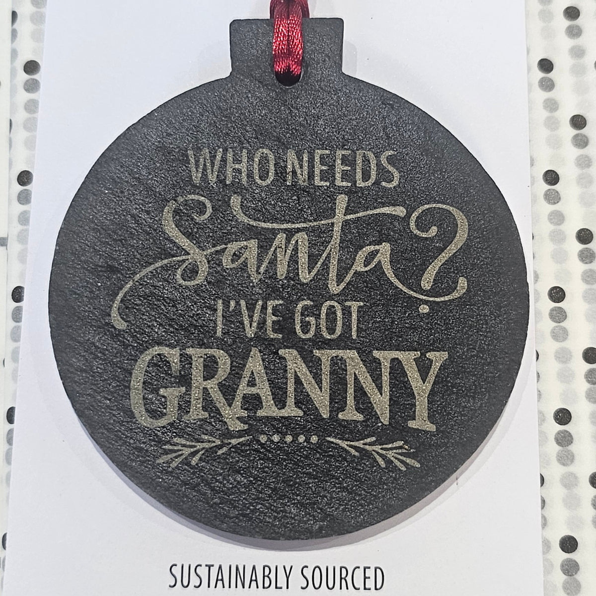 Ardroy Creations slate Christmas baubles in 7cm circle and star shapes, featuring Carnoustie Hotel, Antlers, Define Good, Granny, Nana, Blitzened, Tinsel, Merry, Joy and Merry & Bright designs.