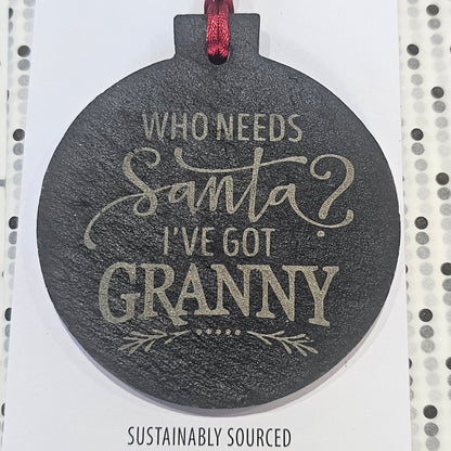 Ardroy Creations slate Christmas baubles in 7cm circle and star shapes, featuring Carnoustie Hotel, Antlers, Define Good, Granny, Nana, Blitzened, Tinsel, Merry, Joy and Merry & Bright designs.