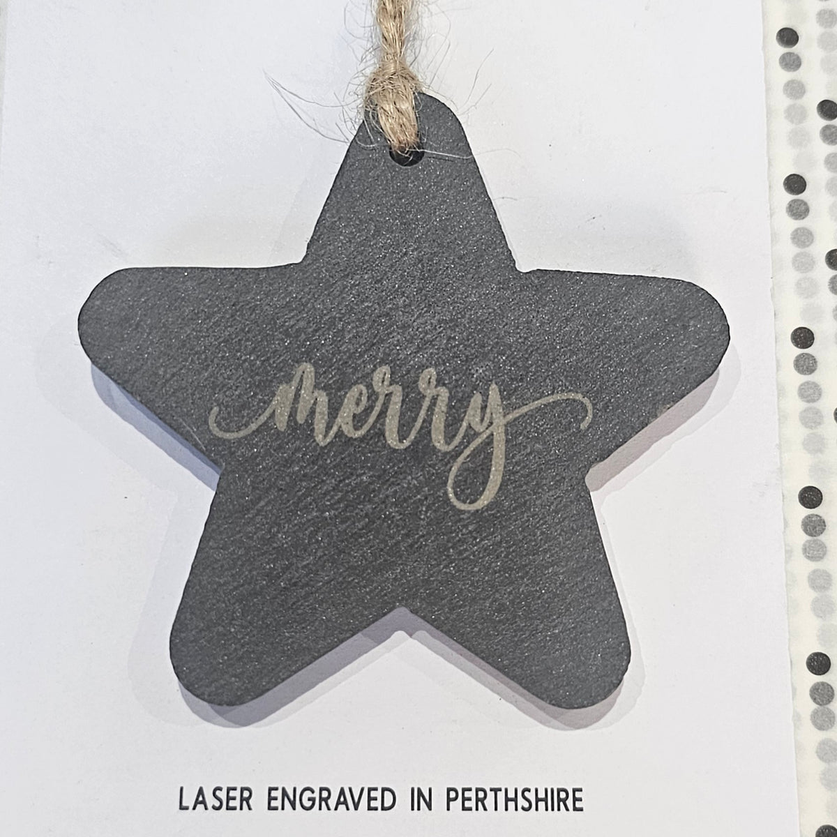 Ardroy Creations slate Christmas baubles in 7cm circle and star shapes, featuring Carnoustie Hotel, Antlers, Define Good, Granny, Nana, Blitzened, Tinsel, Merry, Joy and Merry & Bright designs.