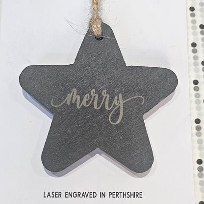 Ardroy Creations slate Christmas baubles in 7cm circle and star shapes, featuring Carnoustie Hotel, Antlers, Define Good, Granny, Nana, Blitzened, Tinsel, Merry, Joy and Merry & Bright designs.