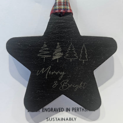 Ardroy Creations slate Christmas baubles in 7cm circle and star shapes, featuring Carnoustie Hotel, Antlers, Define Good, Granny, Nana, Blitzened, Tinsel, Merry, Joy and Merry & Bright designs.