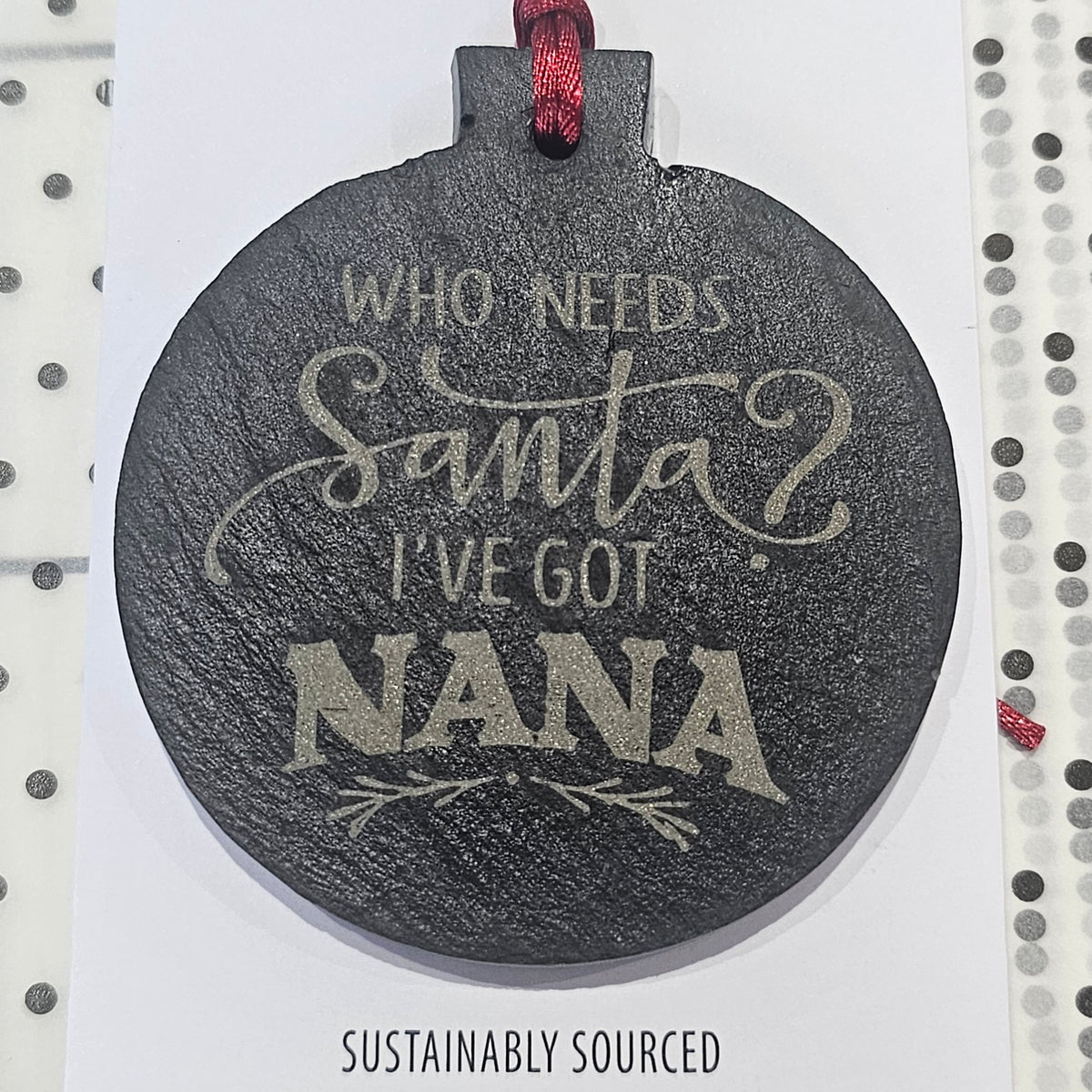 Ardroy Creations slate Christmas baubles in 7cm circle and star shapes, featuring Carnoustie Hotel, Antlers, Define Good, Granny, Nana, Blitzened, Tinsel, Merry, Joy and Merry & Bright designs.