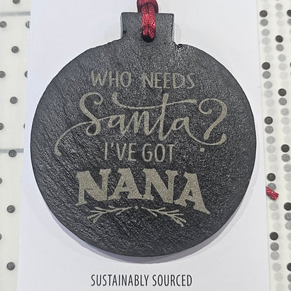 Ardroy Creations slate Christmas baubles in 7cm circle and star shapes, featuring Carnoustie Hotel, Antlers, Define Good, Granny, Nana, Blitzened, Tinsel, Merry, Joy and Merry & Bright designs.