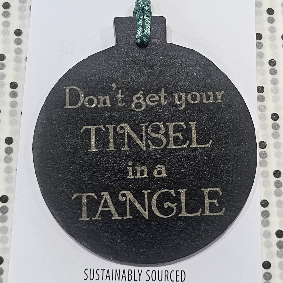 Ardroy Creations slate Christmas baubles in 7cm circle and star shapes, featuring Carnoustie Hotel, Antlers, Define Good, Granny, Nana, Blitzened, Tinsel, Merry, Joy and Merry & Bright designs.