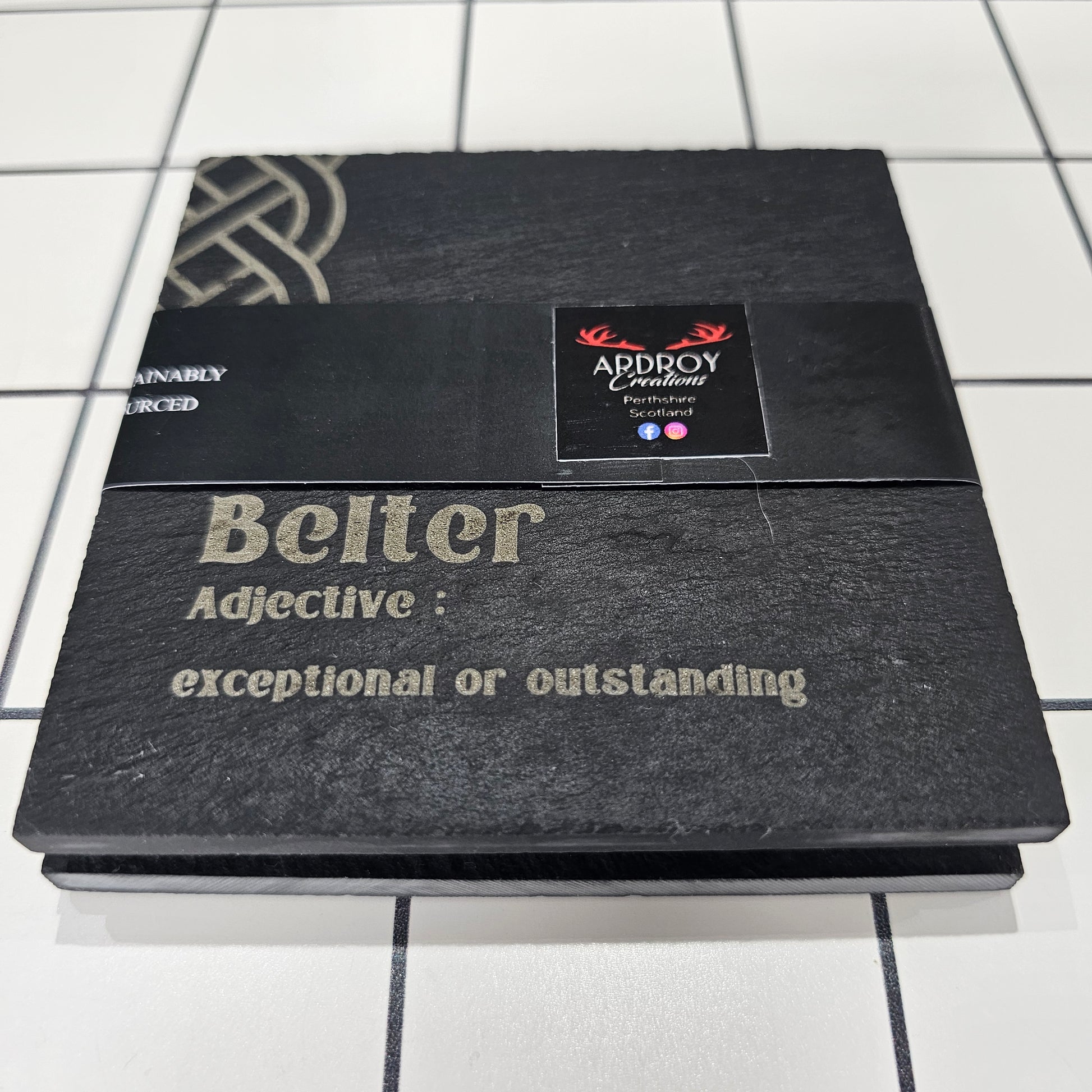 Set of two Scottish words slate coasters by Ardroy Creations featuring a choice of Scots word pair designs