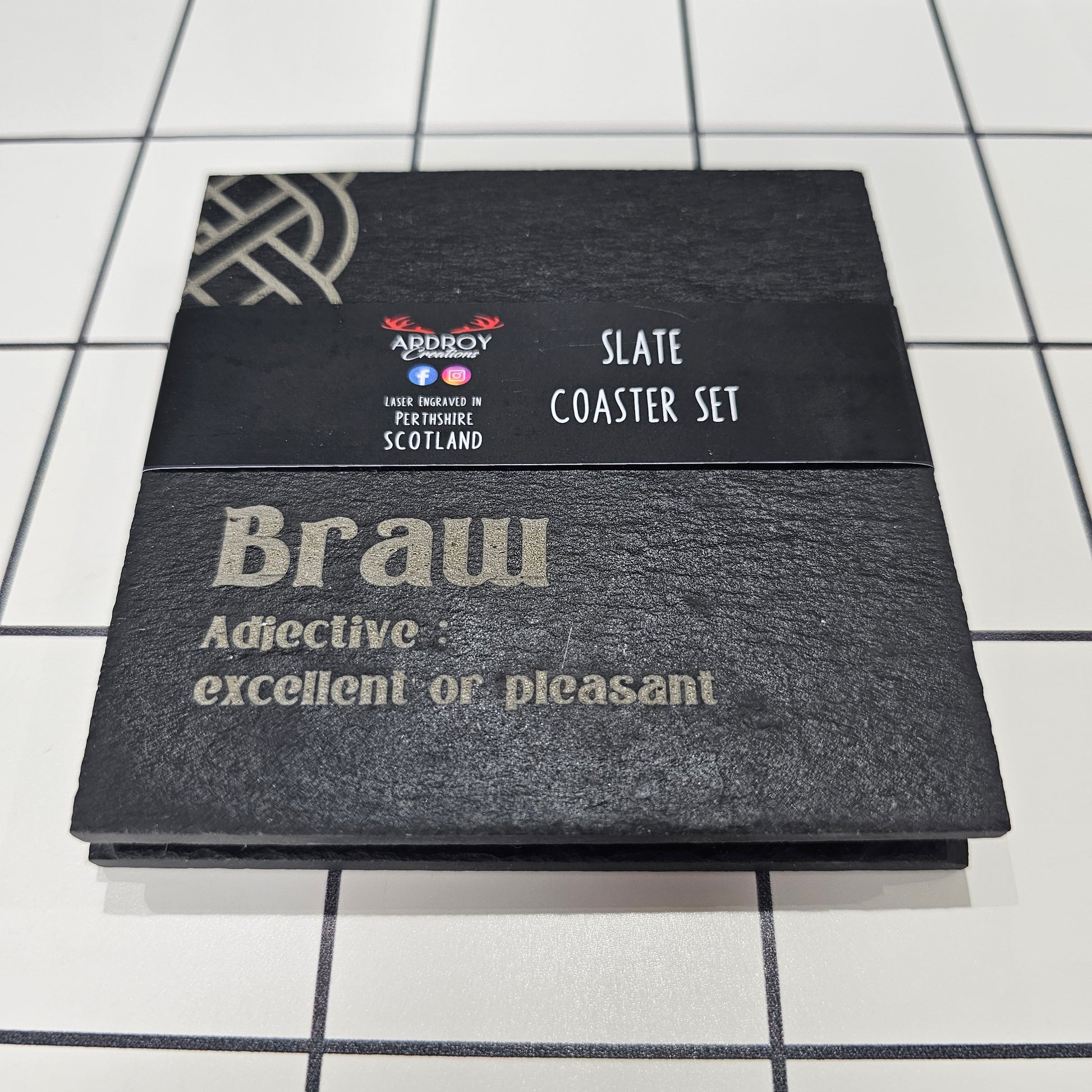 Set of two Scottish words slate coasters by Ardroy Creations featuring a choice of Scots word pair designs