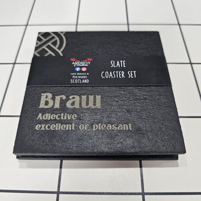 Set of two Scottish words slate coasters by Ardroy Creations featuring a choice of Scots word pair designs