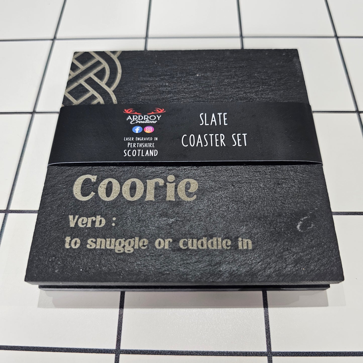 Set of two Scottish words slate coasters by Ardroy Creations featuring a choice of Scots word pair designs