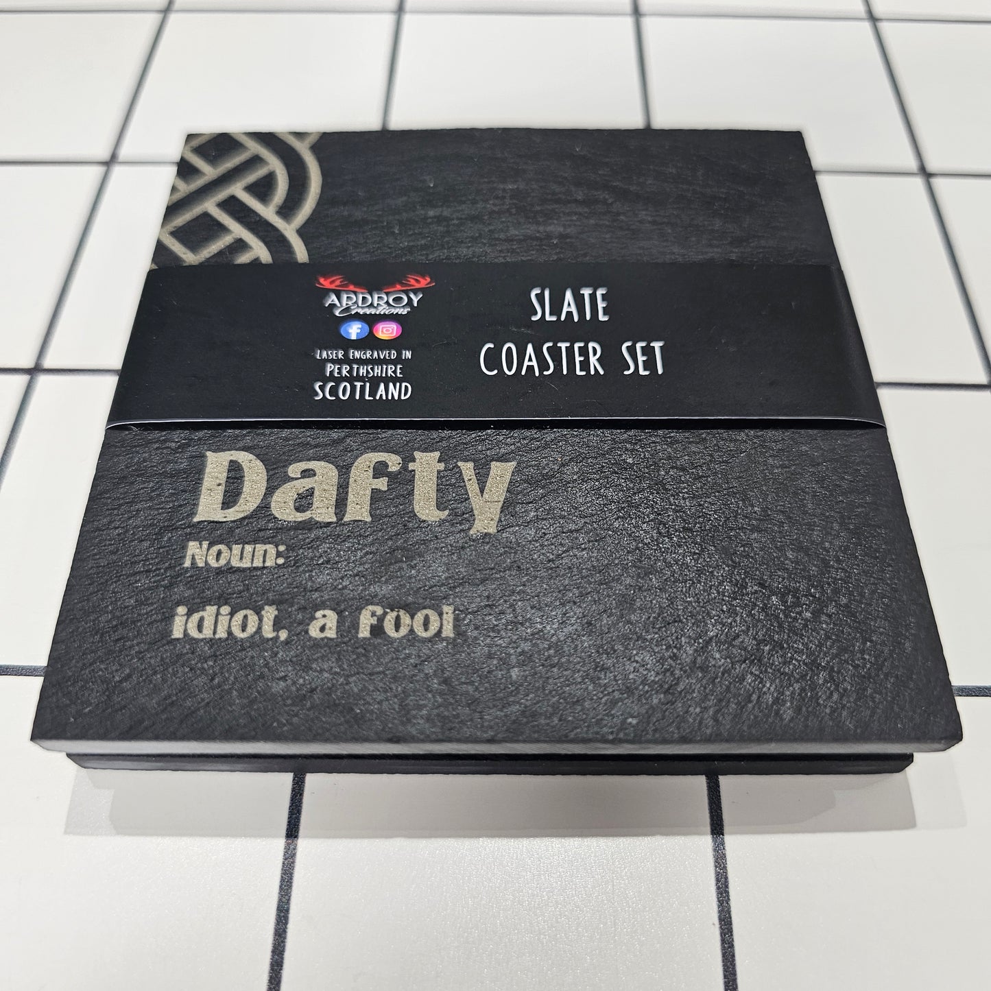 Set of two Scottish words slate coasters by Ardroy Creations featuring a choice of Scots word pair designs