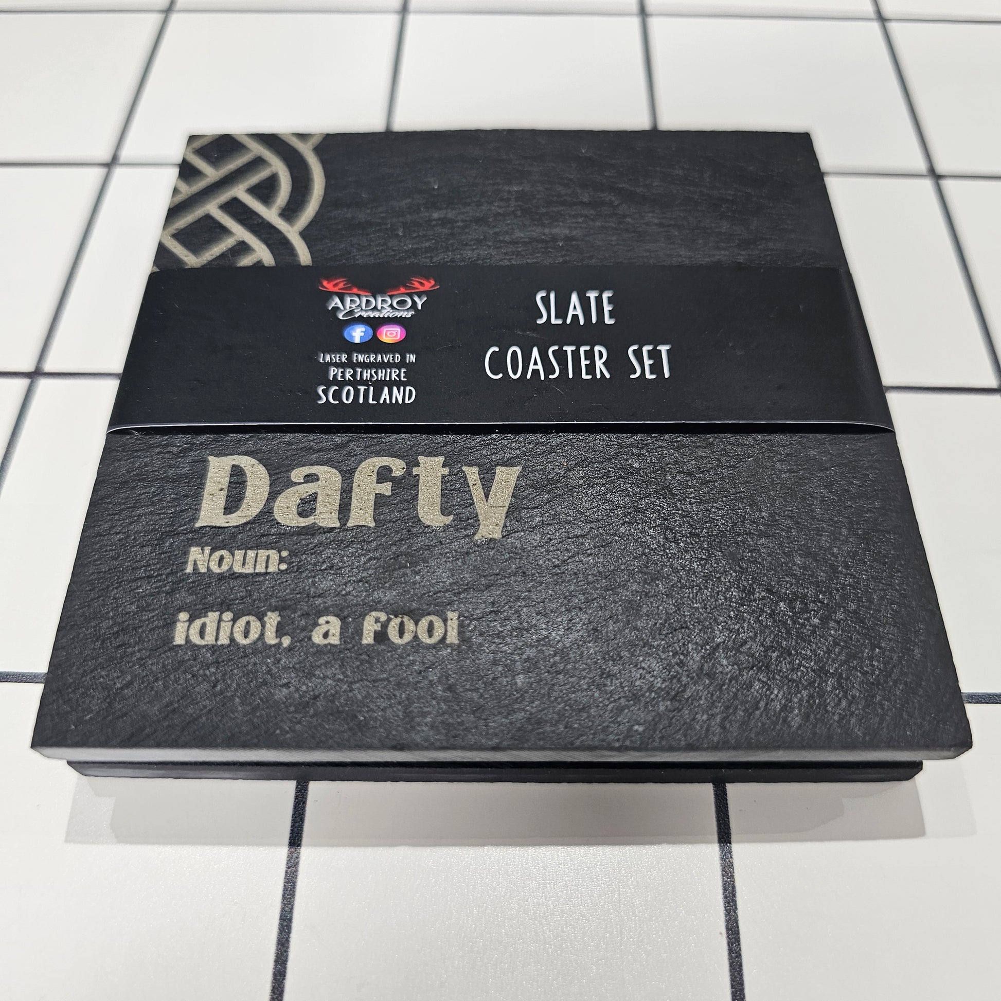 Set of two Scottish words slate coasters by Ardroy Creations featuring a choice of Scots word pair designs