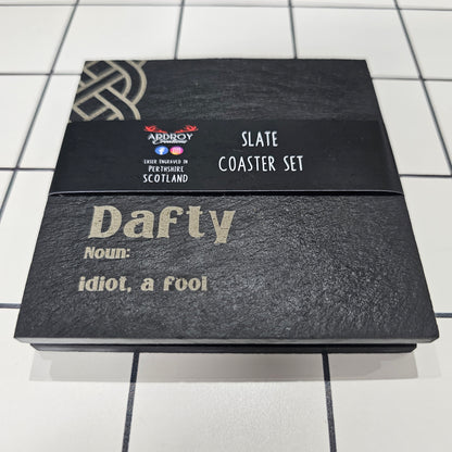Set of two Scottish words slate coasters by Ardroy Creations featuring a choice of Scots word pair designs