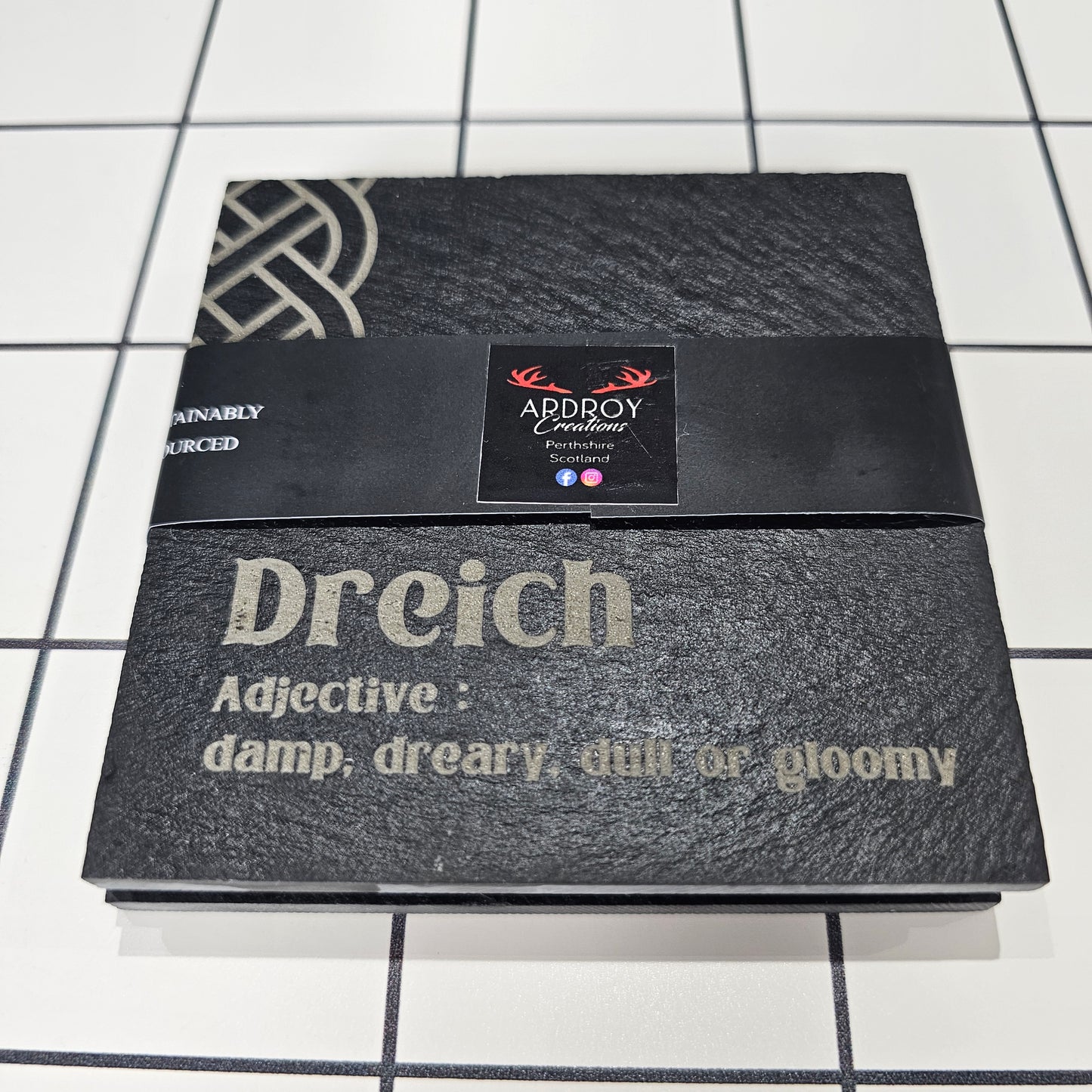 Set of two Scottish words slate coasters by Ardroy Creations featuring a choice of Scots word pair designs