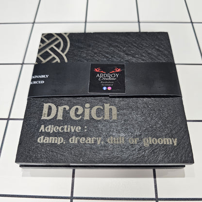 Set of two Scottish words slate coasters by Ardroy Creations featuring a choice of Scots word pair designs