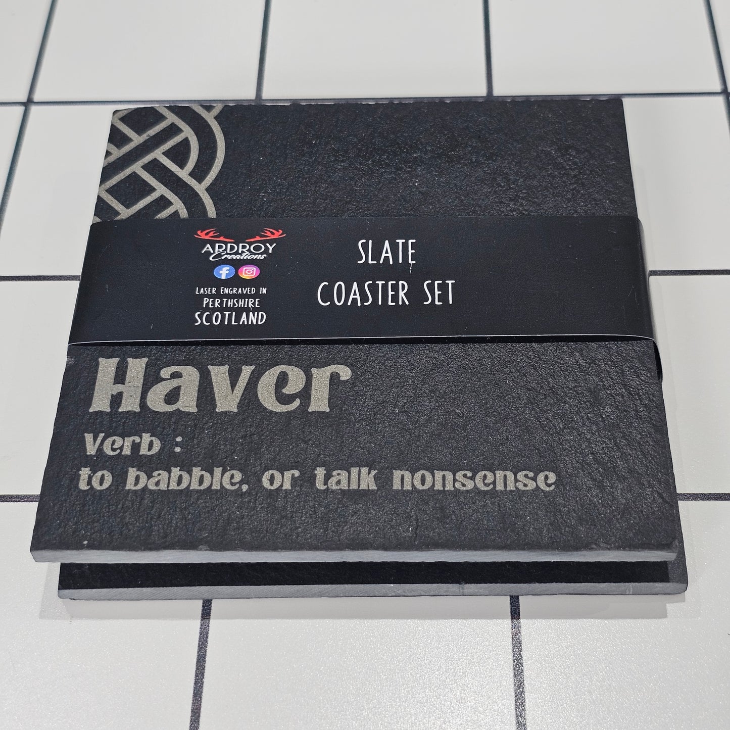 Set of two Scottish words slate coasters by Ardroy Creations featuring a choice of Scots word pair designs