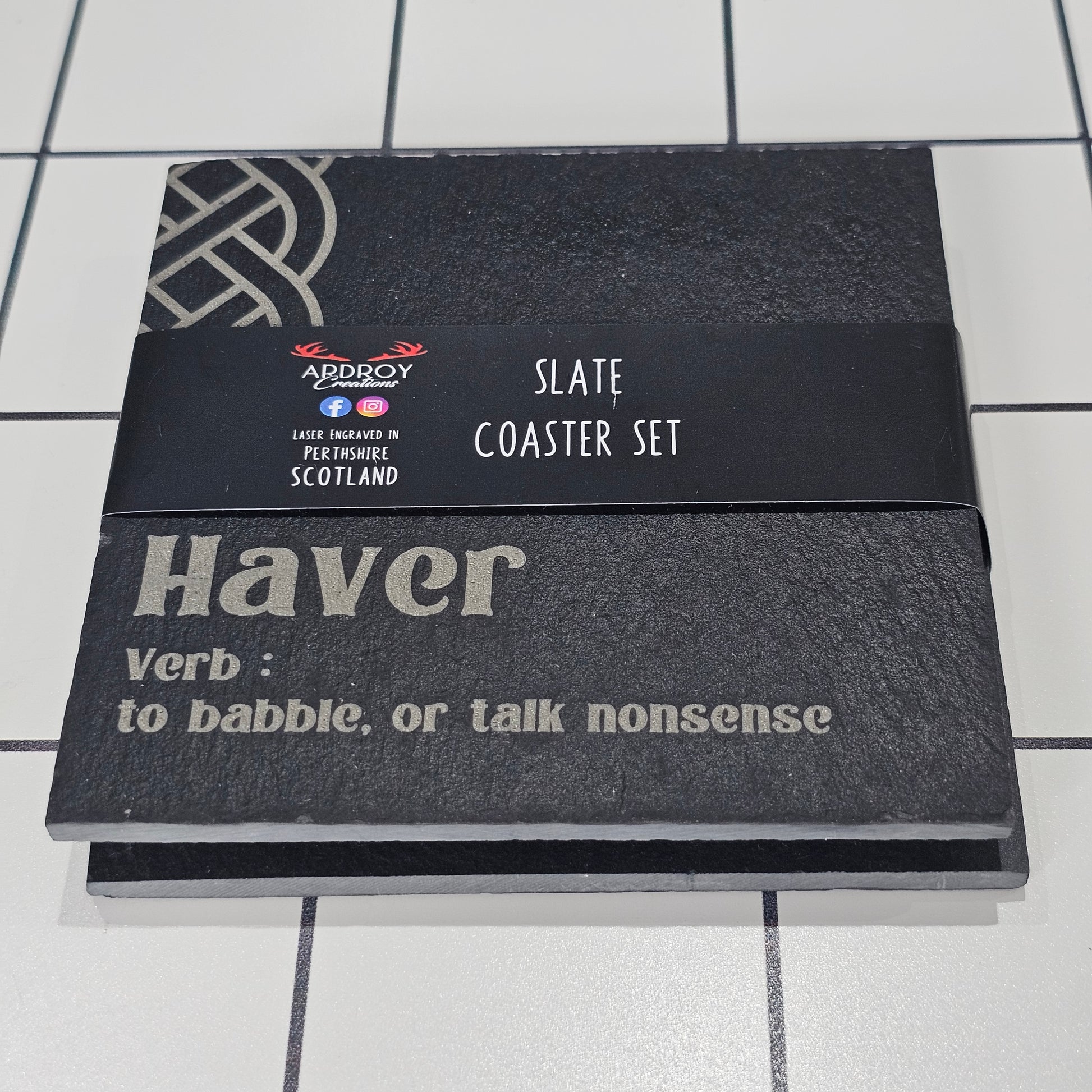 Set of two Scottish words slate coasters by Ardroy Creations featuring a choice of Scots word pair designs