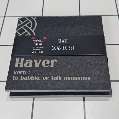 Set of two Scottish words slate coasters by Ardroy Creations featuring a choice of Scots word pair designs