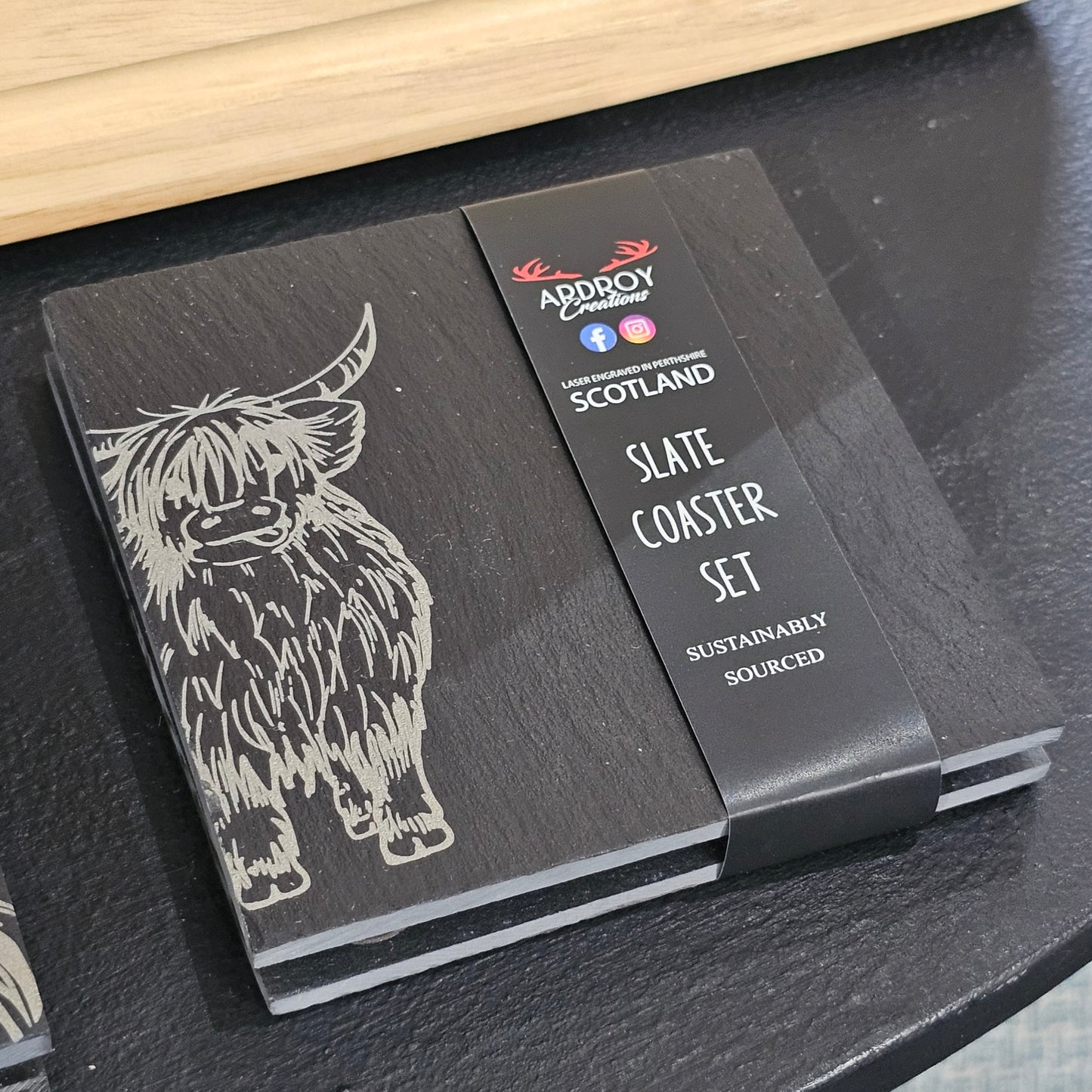 Set of two Scottish slate coasters by Ardroy Creations available in Highland Coo design