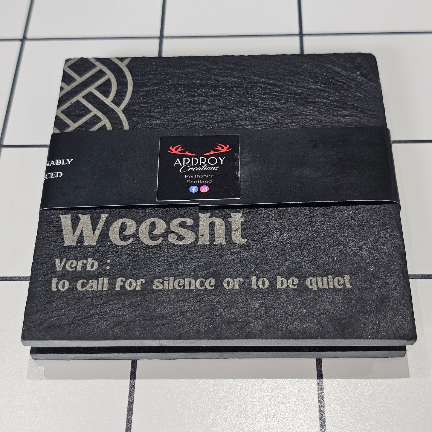 Set of two Scottish words slate coasters by Ardroy Creations featuring a choice of Scots word pair designs