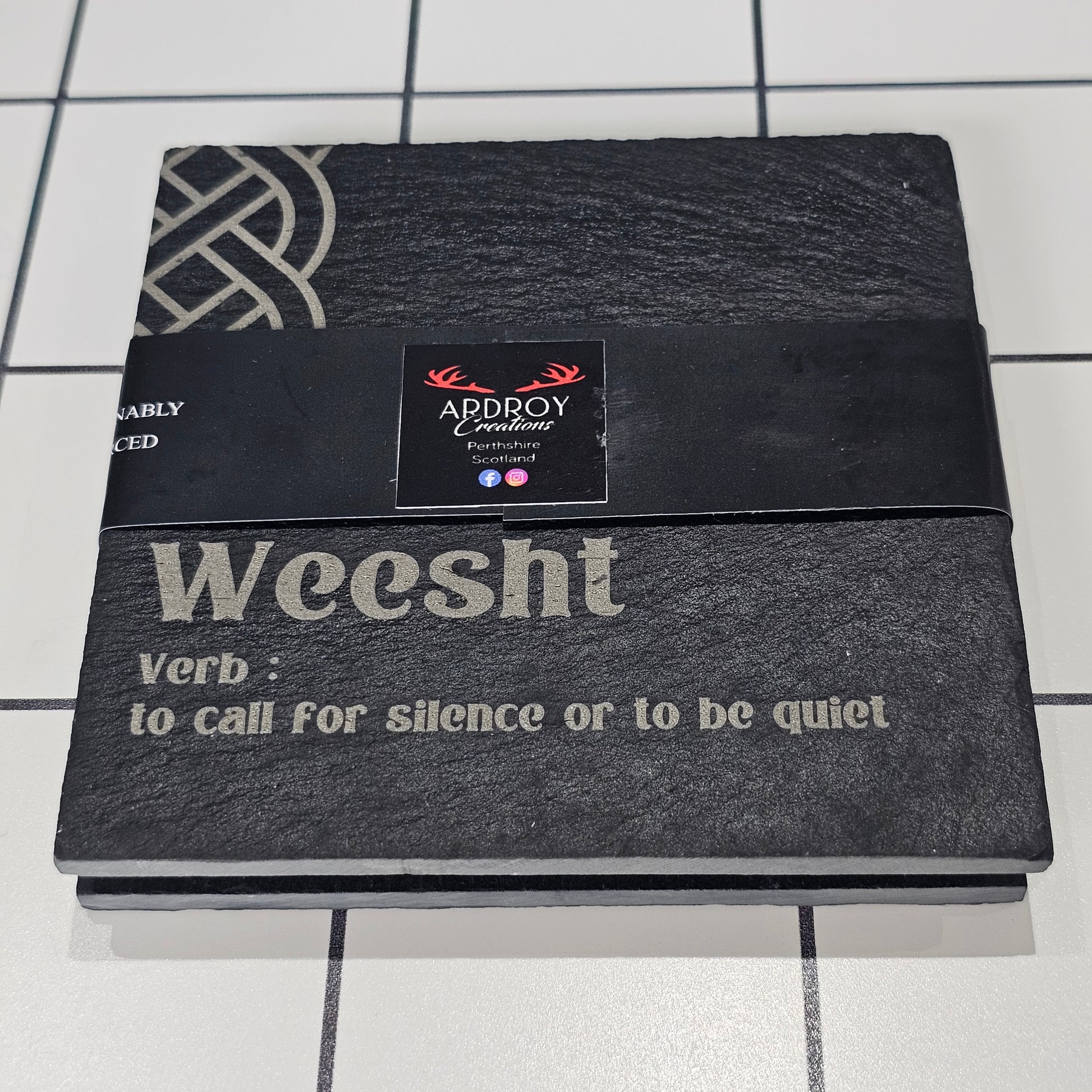 Set of two Scottish words slate coasters by Ardroy Creations featuring a choice of Scots word pair designs