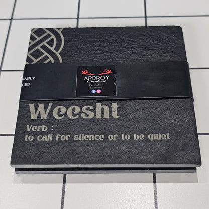 Set of two Scottish words slate coasters by Ardroy Creations featuring a choice of Scots word pair designs