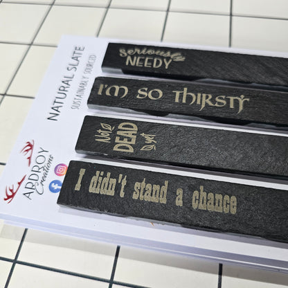 Set of four funny slate plant markers by Ardroy Creations featuring humorous gardening and plant slogans