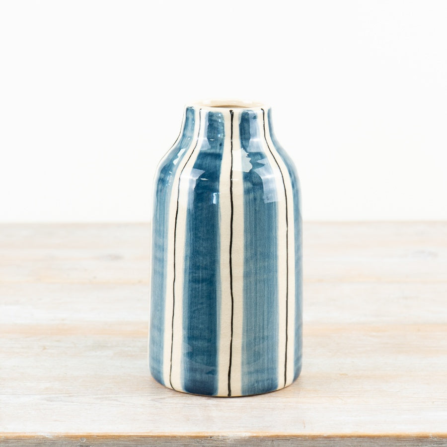 Blue striped ceramic vase in small for displaying flowers or coastal-inspired home décor