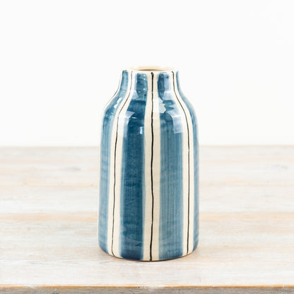 Blue striped ceramic vase in small for displaying flowers or coastal-inspired home décor