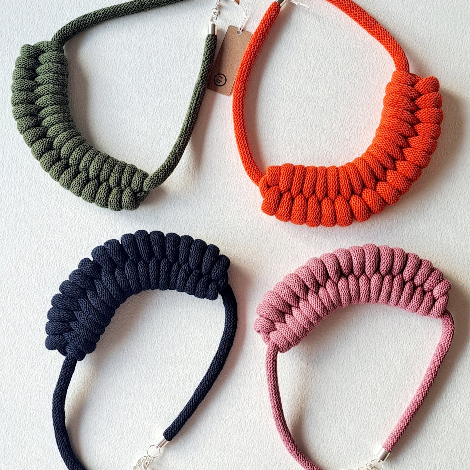 Ragged House small recycled cotton macrame cord knot necklaces with figure 8 bow design statement accessory